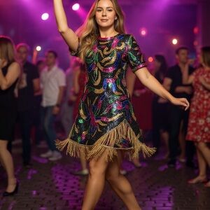 Laurence Kazar Multicolor Sequin Mini Dress with Gold Fringe Small holiday